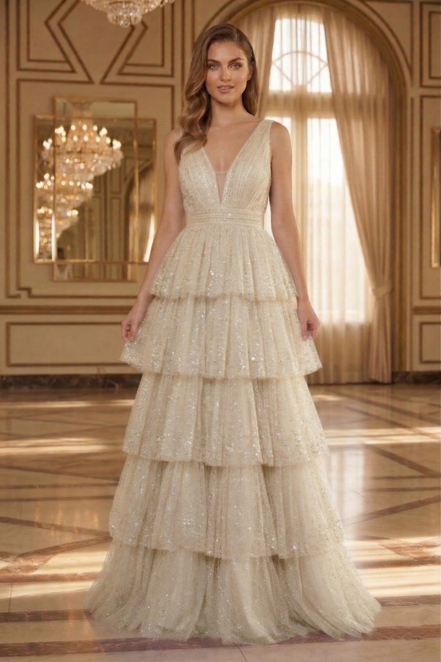 Deep V-Neck Glitter Tulle Tiered A-Line Prom Dress with Low V Back | Sevoba