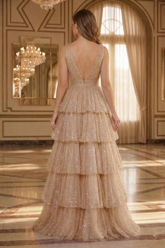 Deep V-Neck Glitter Tulle Tiered A-Line Prom Dress with Low V Back | Sevoba