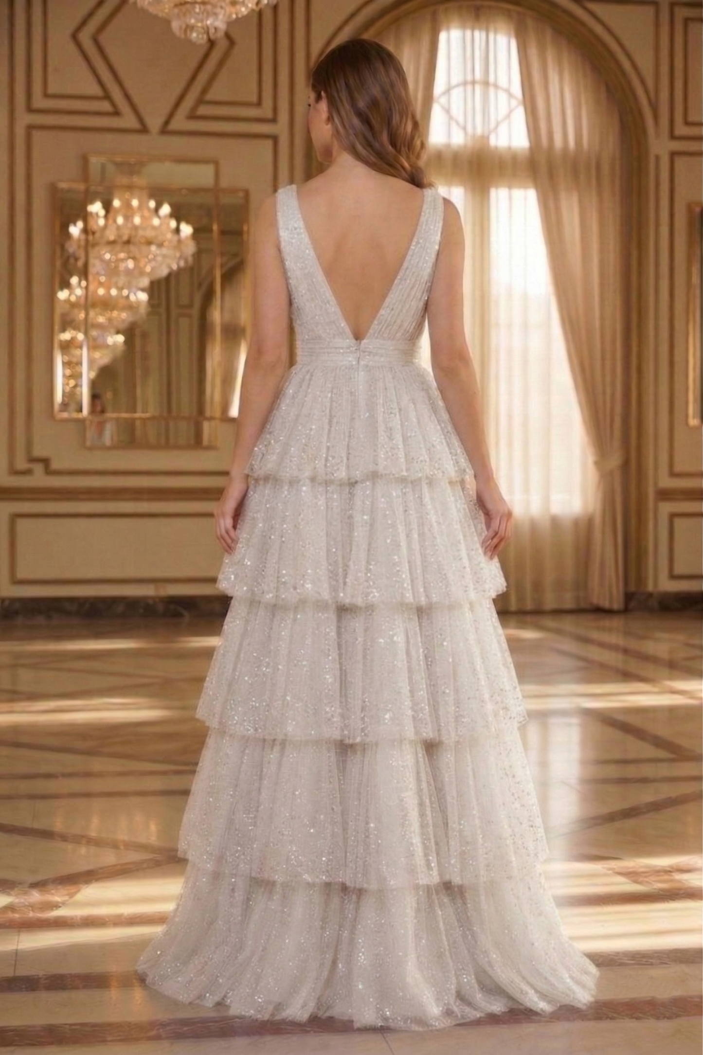 Deep V-Neck Glitter Tulle Tiered A-Line Prom Dress with Low V Back | Sevoba