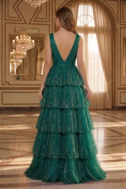 Deep V-Neck Glitter Tulle Tiered A-Line Prom Dress with Low V Back | Sevoba