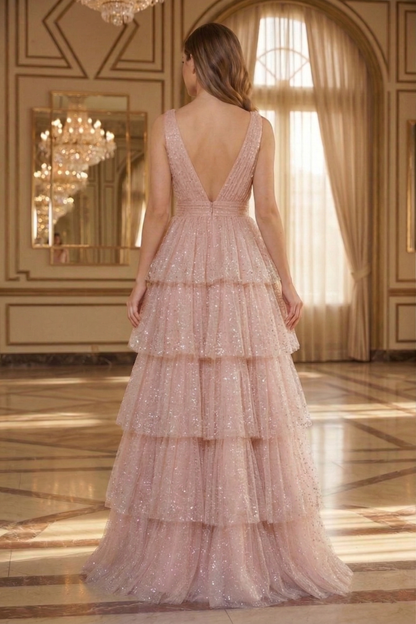 Deep V-Neck Glitter Tulle Tiered A-Line Prom Dress with Low V Back | Sevoba