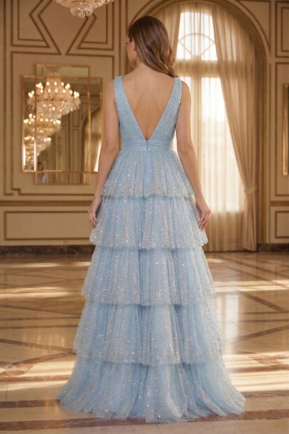 Deep V-Neck Glitter Tulle Tiered A-Line Prom Dress with Low V Back | Sevoba