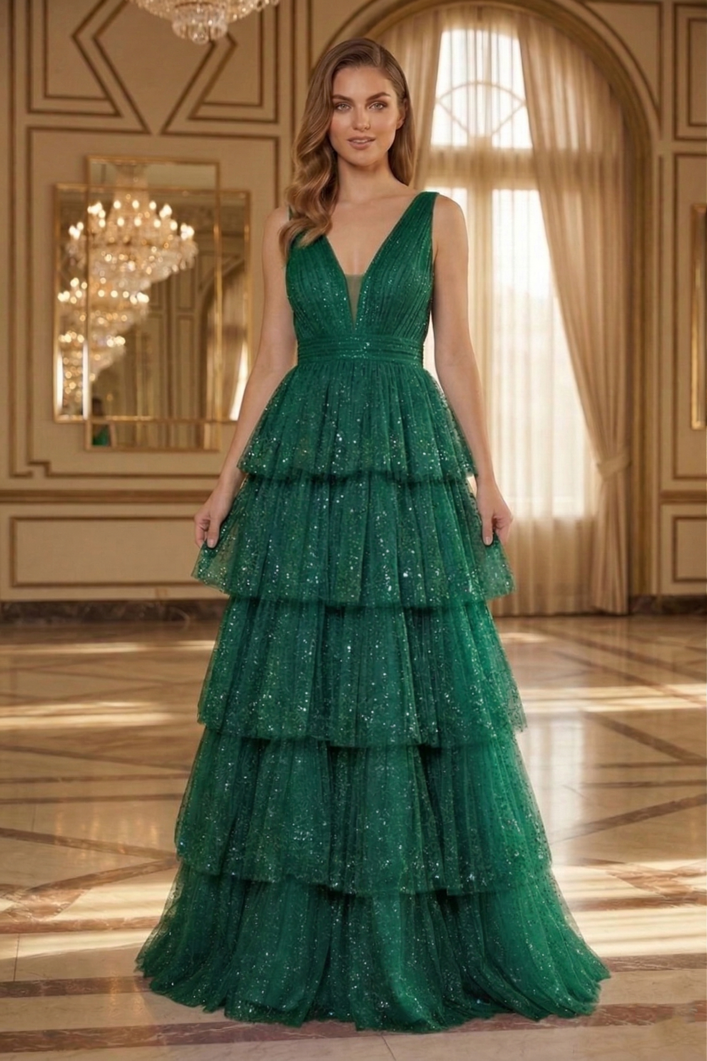 Deep V-Neck Glitter Tulle Tiered A-Line Prom Dress with Low V Back | Sevoba
