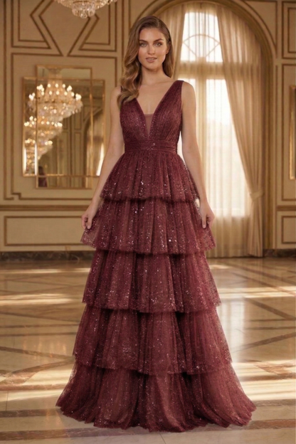 Deep V-Neck Glitter Tulle Tiered A-Line Prom Dress with Low V Back | Sevoba