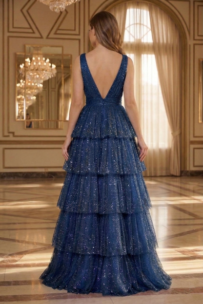 Deep V-Neck Glitter Tulle Tiered A-Line Prom Dress with Low V Back | Sevoba