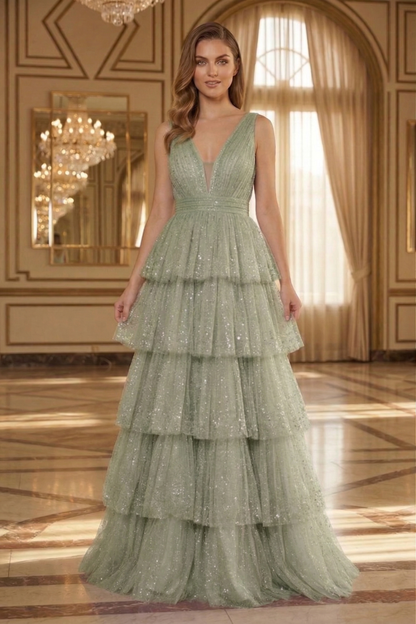 Deep V-Neck Glitter Tulle Tiered A-Line Prom Dress with Low V Back | Sevoba