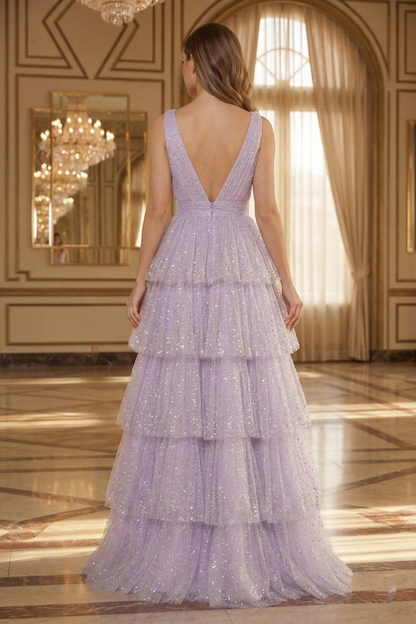 Deep V-Neck Glitter Tulle Tiered A-Line Prom Dress with Low V Back | Sevoba
