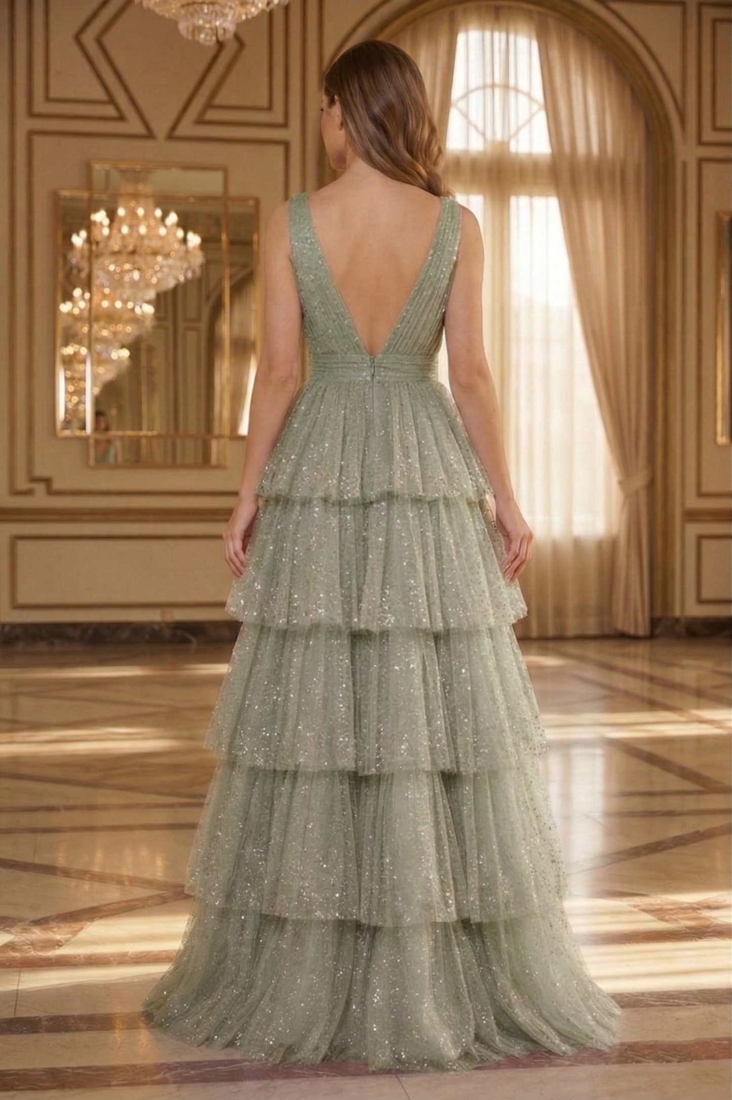 Deep V-Neck Glitter Tulle Tiered A-Line Prom Dress with Low V Back | Sevoba