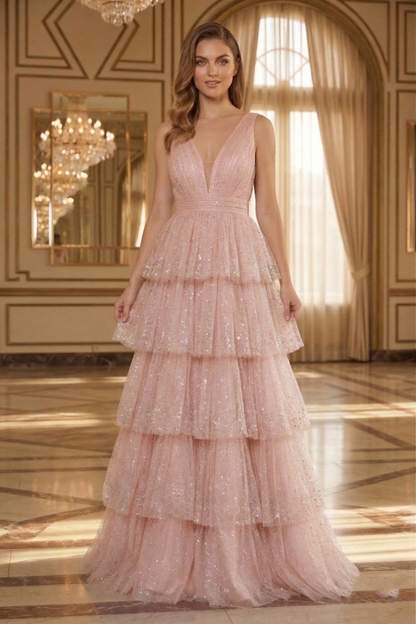 Deep V-Neck Glitter Tulle Tiered A-Line Prom Dress with Low V Back | Sevoba