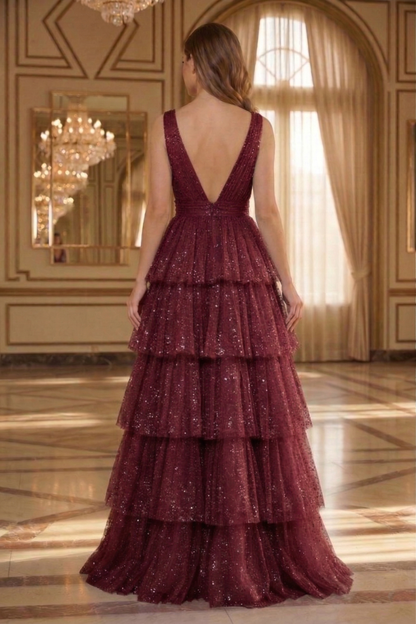 Deep V-Neck Glitter Tulle Tiered A-Line Prom Dress with Low V Back | Sevoba