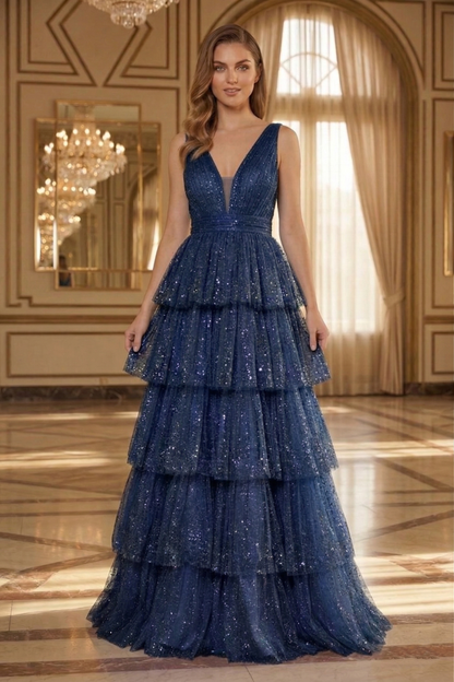 Deep V-Neck Glitter Tulle Tiered A-Line Prom Dress with Low V Back | Sevoba