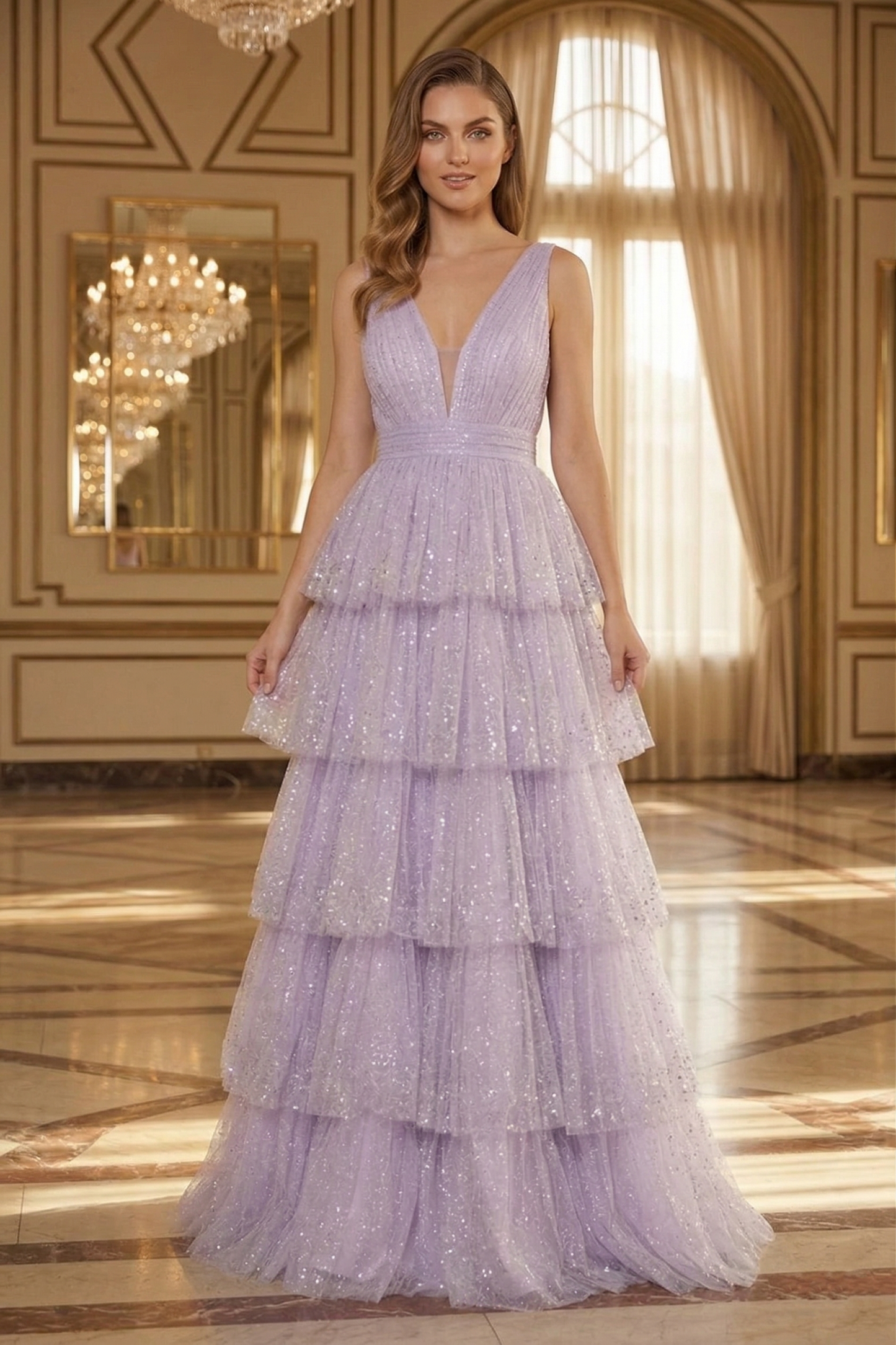 Deep V-Neck Glitter Tulle Tiered A-Line Prom Dress with Low V Back | Sevoba