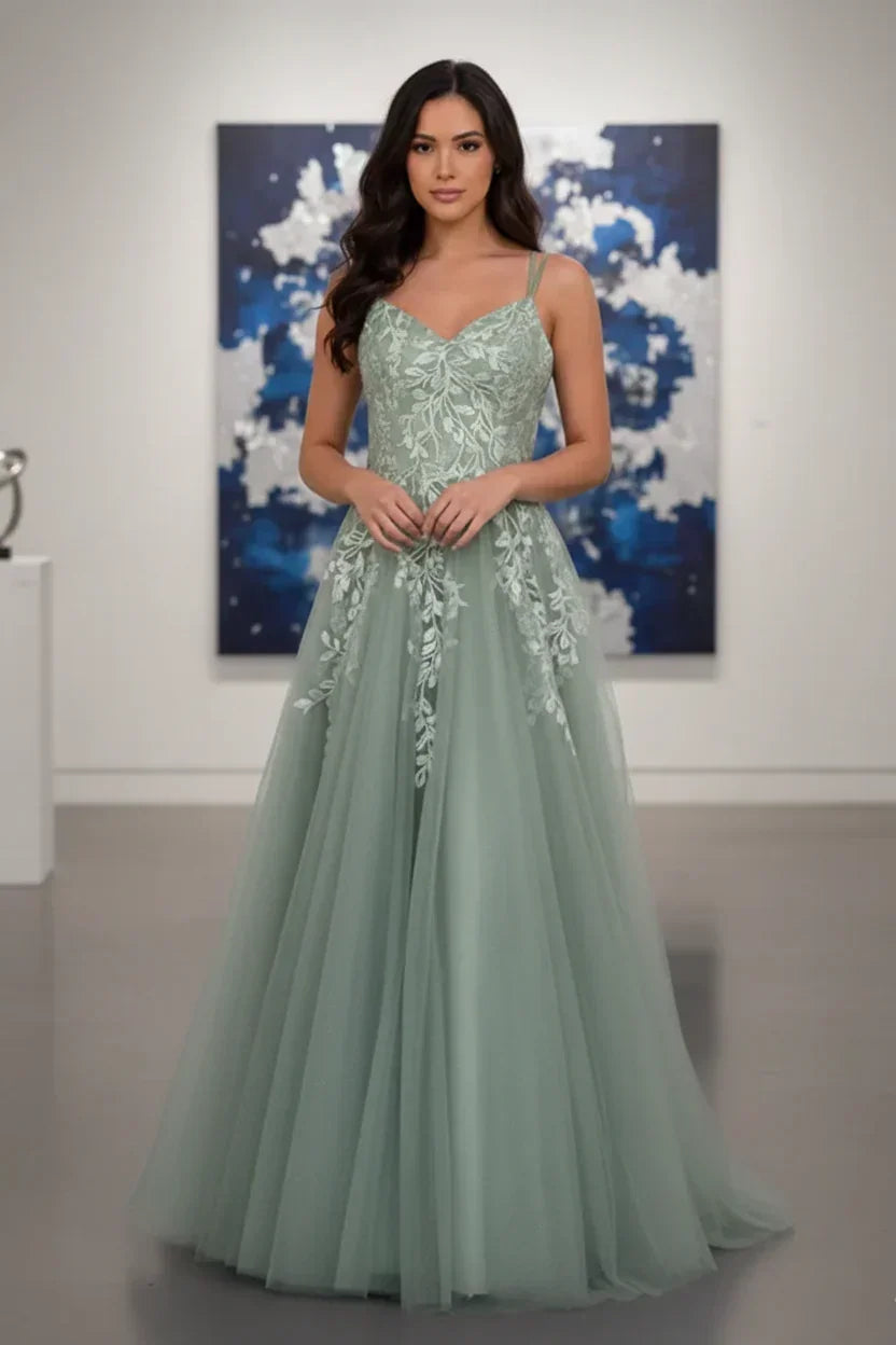 Double Strap Glitter Tulle Leaf Lace A-Line Prom Dress | Sevoba