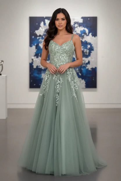 Double Strap Glitter Tulle Leaf Lace A-Line Prom Dress | Sevoba