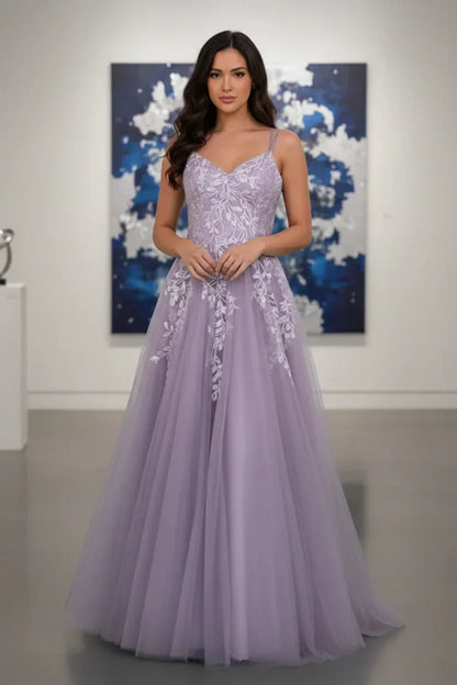 Double Strap Glitter Tulle Leaf Lace A-Line Prom Dress | Sevoba