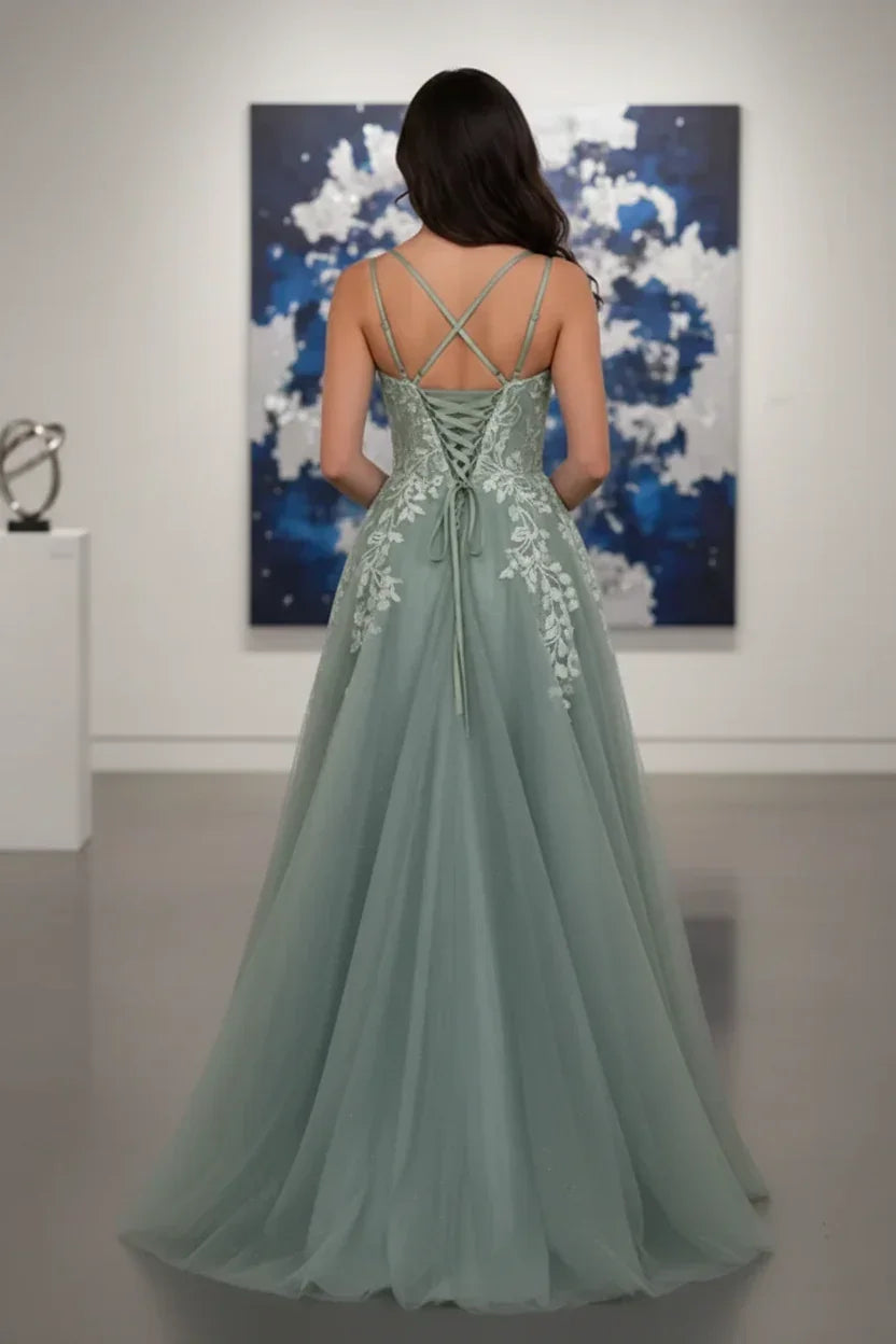 Double Strap Glitter Tulle Leaf Lace A-Line Prom Dress | Sevoba