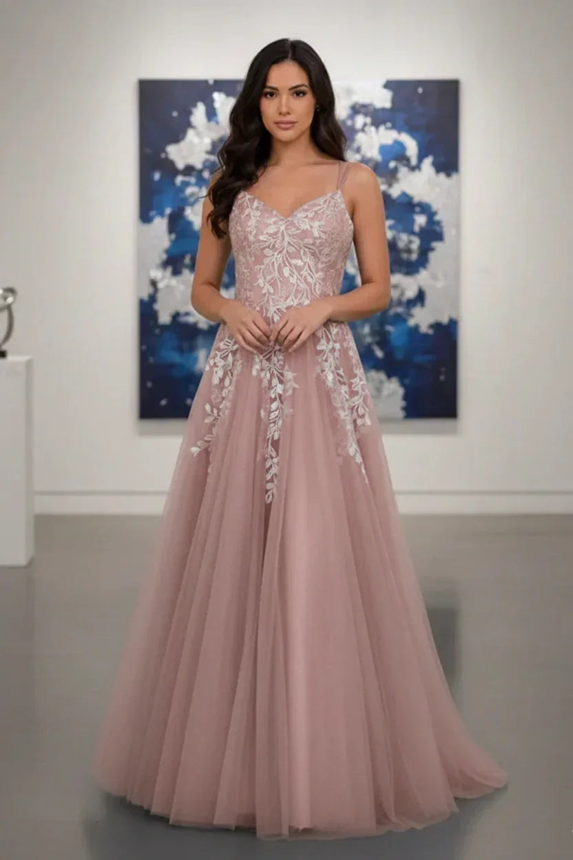 Double Strap Glitter Tulle Leaf Lace A-Line Prom Dress | Sevoba