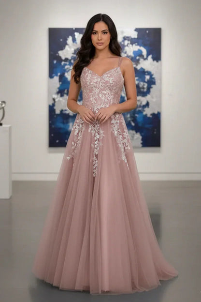 Double Strap Glitter Tulle Leaf Lace A-Line Prom Dress | Sevoba