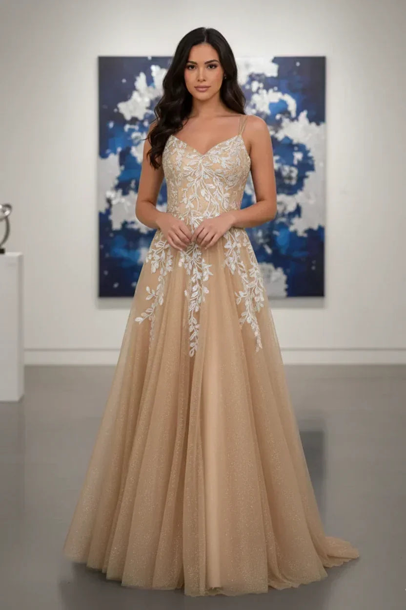 Double Strap Glitter Tulle Leaf Lace A-Line Prom Dress | Sevoba