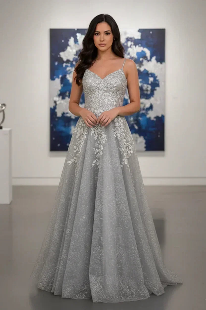 Double Strap Glitter Tulle Leaf Lace A-Line Prom Dress | Sevoba