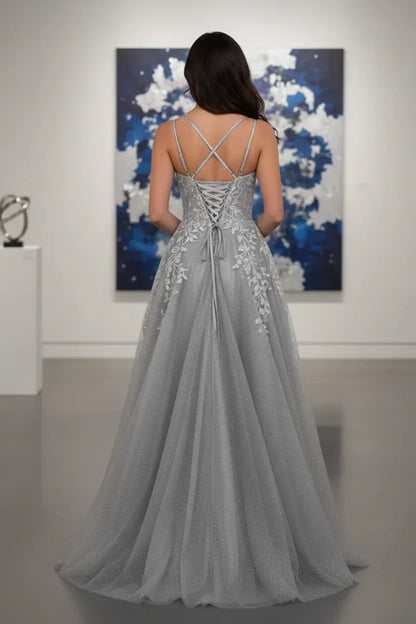 Double Strap Glitter Tulle Leaf Lace A-Line Prom Dress | Sevoba