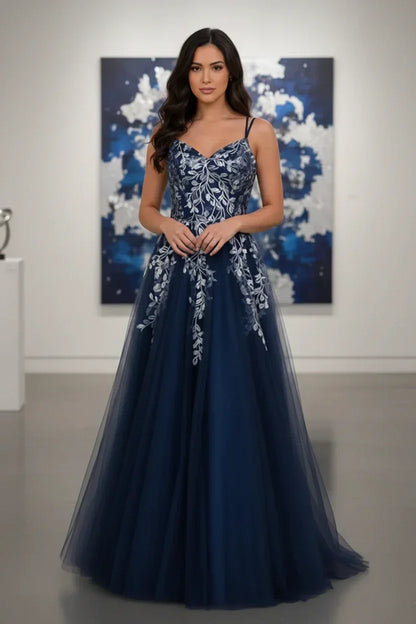 Double Strap Glitter Tulle Leaf Lace A-Line Prom Dress | Sevoba