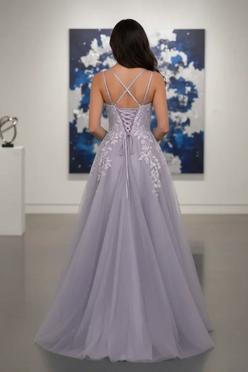 Double Strap Glitter Tulle Leaf Lace A-Line Prom Dress | Sevoba