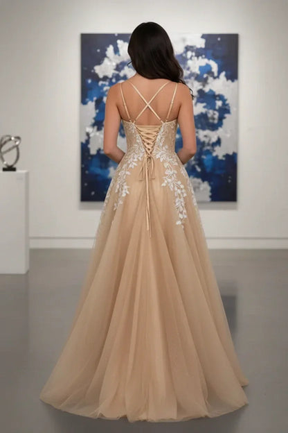 Double Strap Glitter Tulle Leaf Lace A-Line Prom Dress | Sevoba