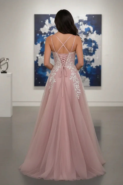 Double Strap Glitter Tulle Leaf Lace A-Line Prom Dress | Sevoba