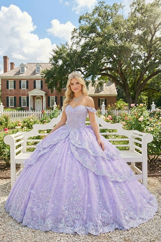 Layered Ruffled Ball Gown Cold Shoulder Quinceañera Dress With Embroidery | Sevoba