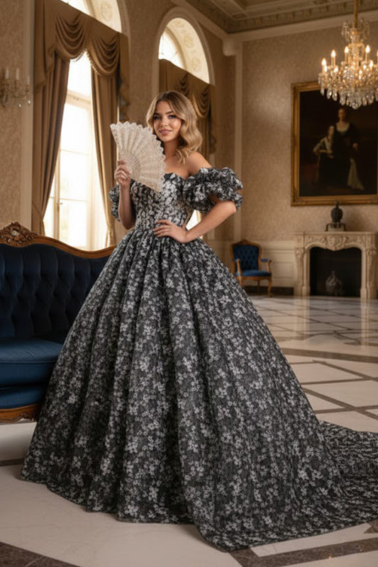 Elegant Ball Gown Off-the-shoulder Quinceañera Dress With Floral Pattern | Sevoba