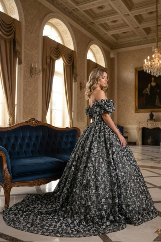 Elegant Ball Gown Off-the-shoulder Quinceañera Dress With Floral Pattern | Sevoba