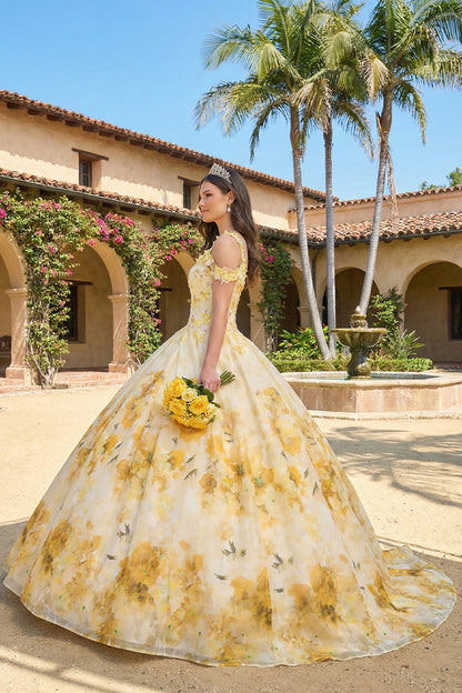 Elegant Ball Gown Spaghetti Strap Quinceañera Dress With Floral Pattern and Lace | Sevoba