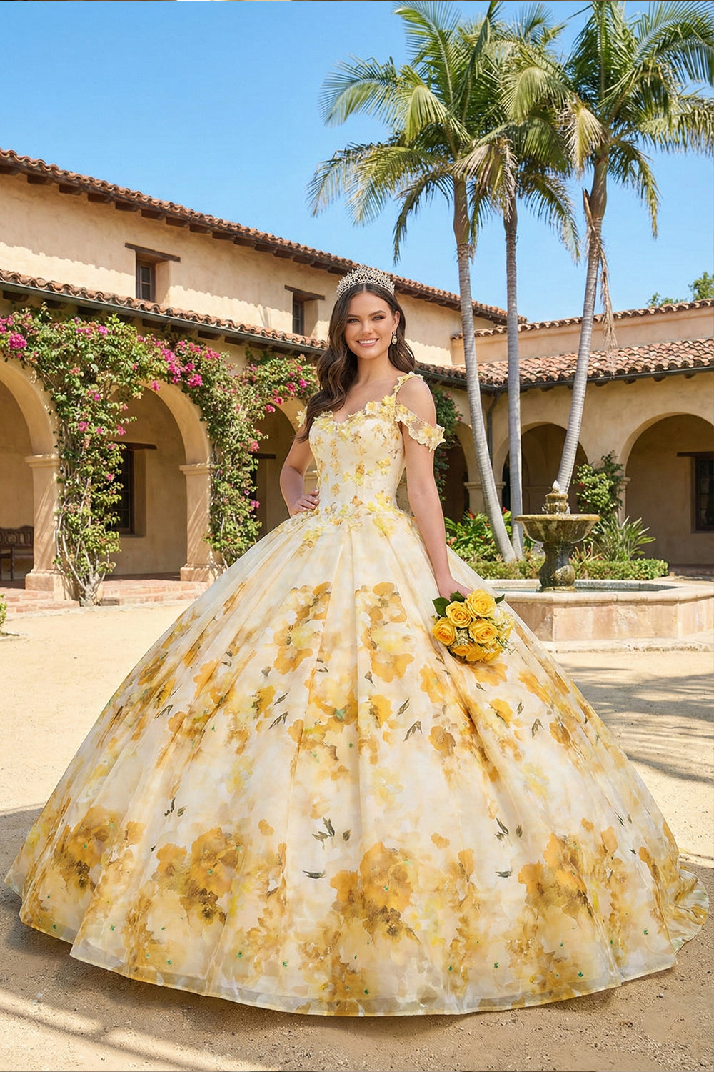 Elegant Ball Gown Spaghetti Strap Quinceañera Dress With Floral Pattern and Lace | Sevoba