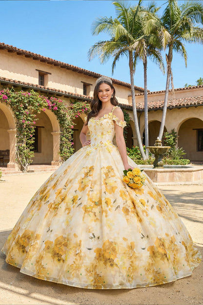 Elegant Ball Gown Spaghetti Strap Quinceañera Dress With Floral Pattern and Lace | Sevoba