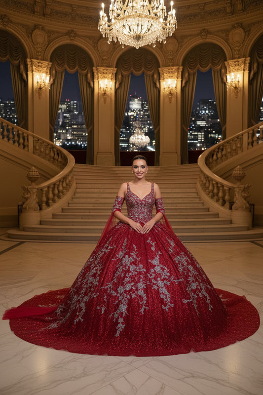 Exquisite Off-the-shoulder Tulle Long QUINCEAÑERA Dress With Embroidery & Glitter | Sevoba