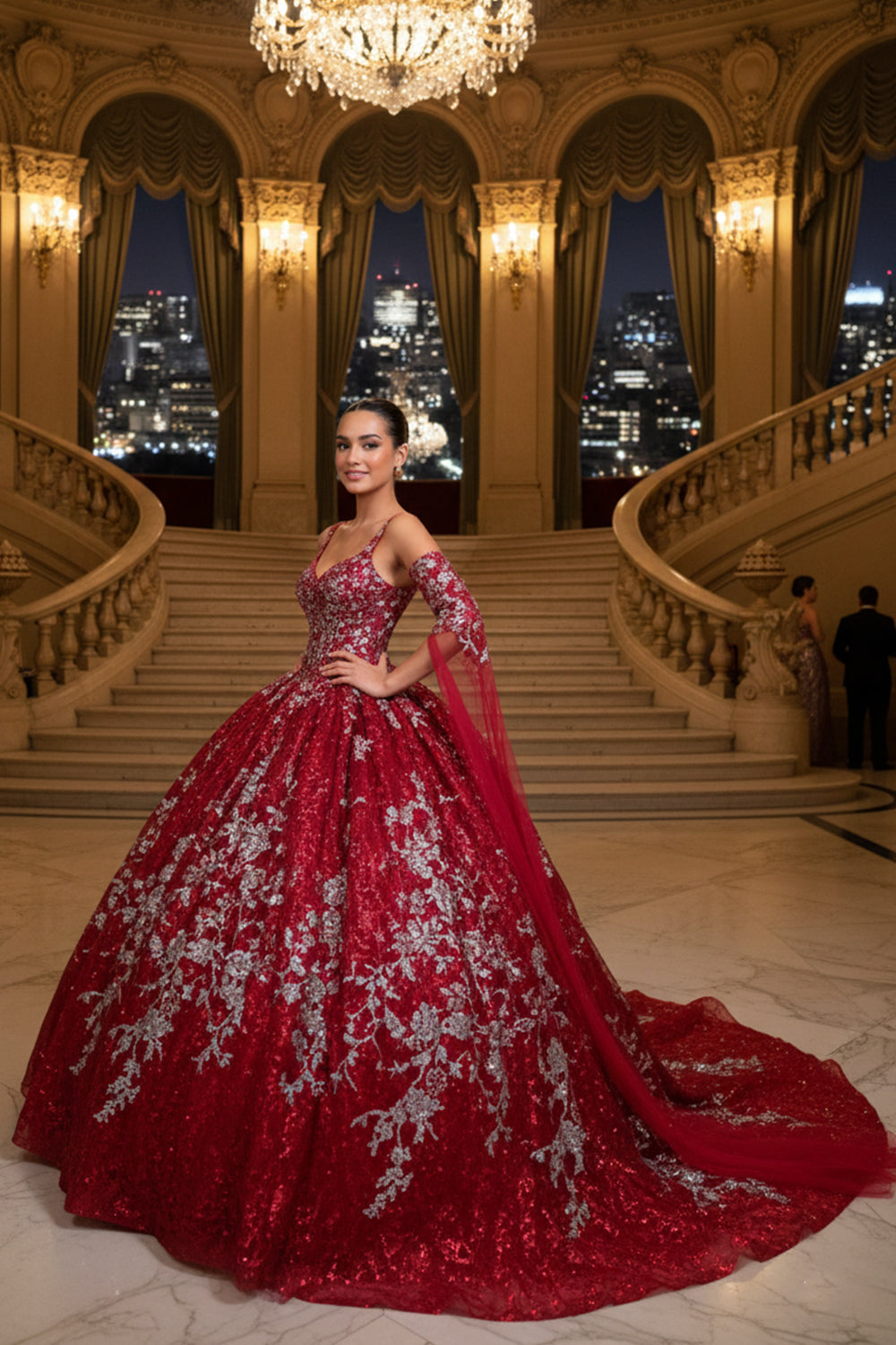 Exquisite Off-the-shoulder Tulle Long QUINCEAÑERA Dress With Embroidery & Glitter | Sevoba