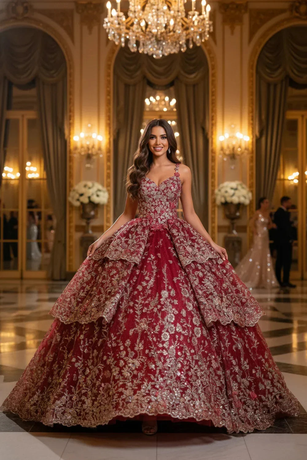 Woman in a red V-neck layered tulle ball gown with gold floral embroidery in a grand ballroom