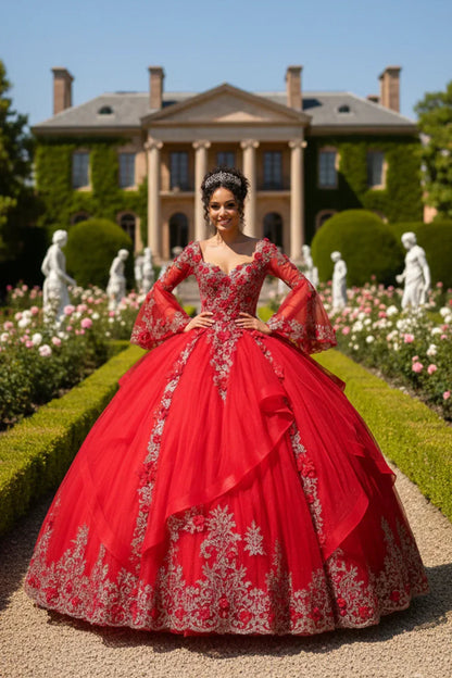 Woman in elegant red ball gown with silver embroidery, tiara, outdoors near a mansion garden