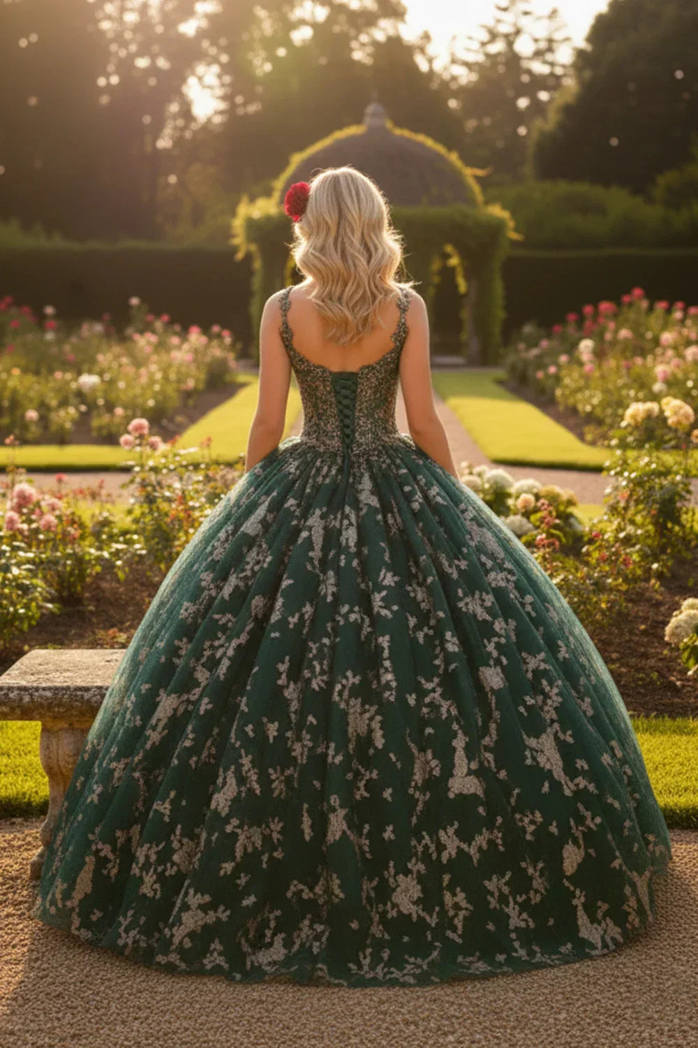 Elegant green ball gown with floral appliqué, V-neck, tulle skirt in a sunlit garden setting