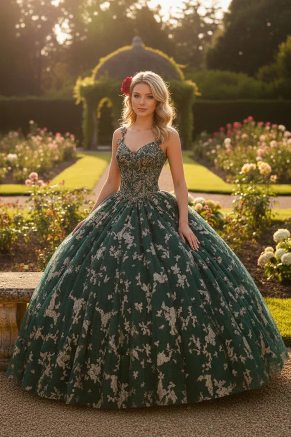 Elegant green tulle ball gown with floral appliqué, V-neck, worn in a garden setting