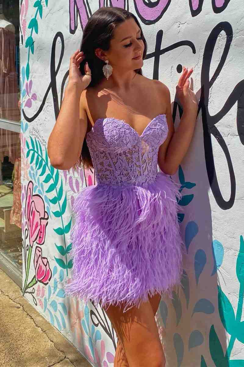 Sevoba|Sheath Sweetheart Lace Feather Skirt Homecoming Dress