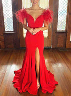Plunging V-Neck Off the Shoulder Feathered Red Long Party Dress