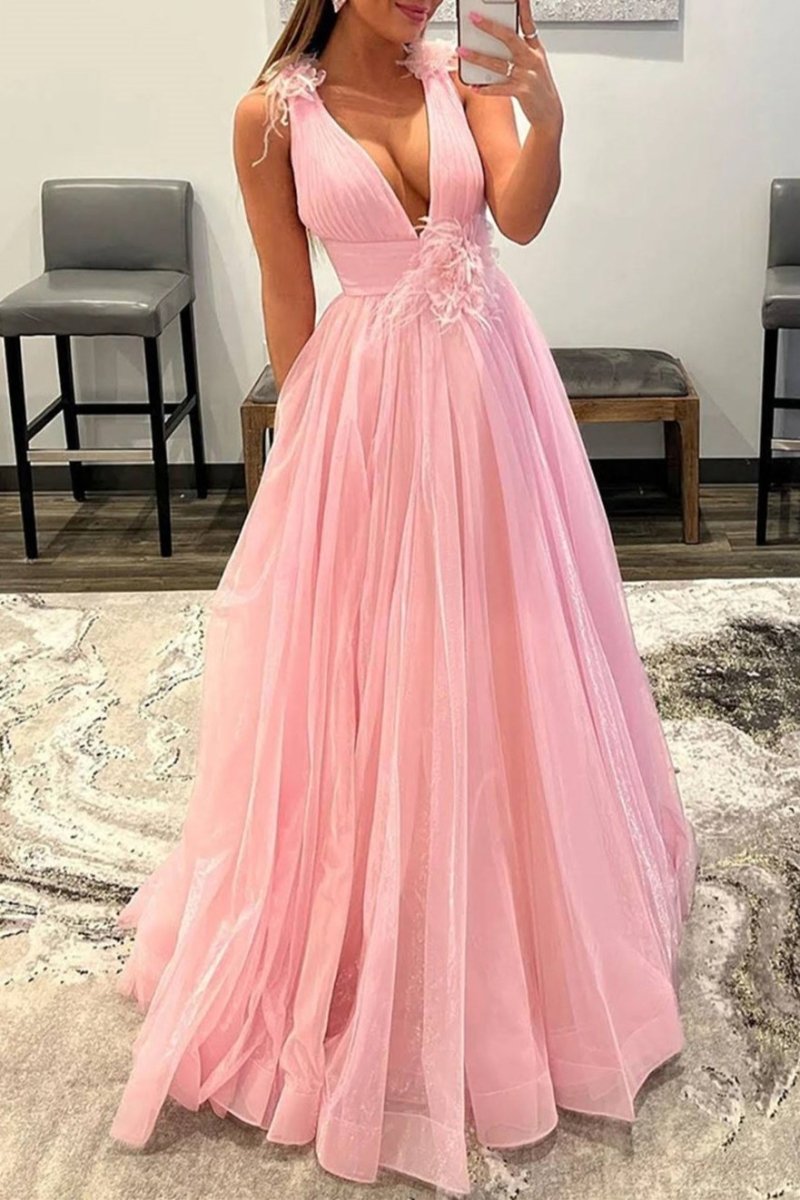 Feathers Backlesss Pink Plunging V-Neck Tulle Long Formal Dress