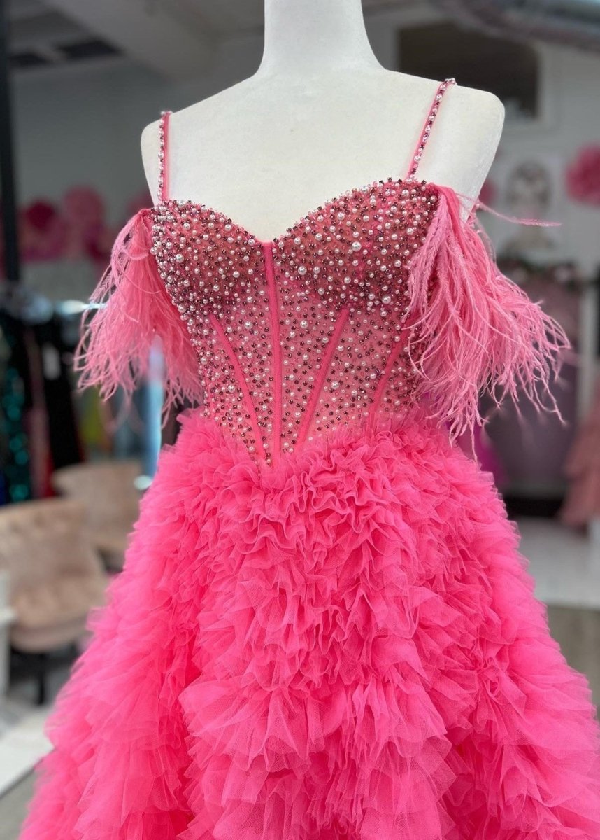 A Line Off the Shoulder Tiered Tulle Prom Dress With Slit