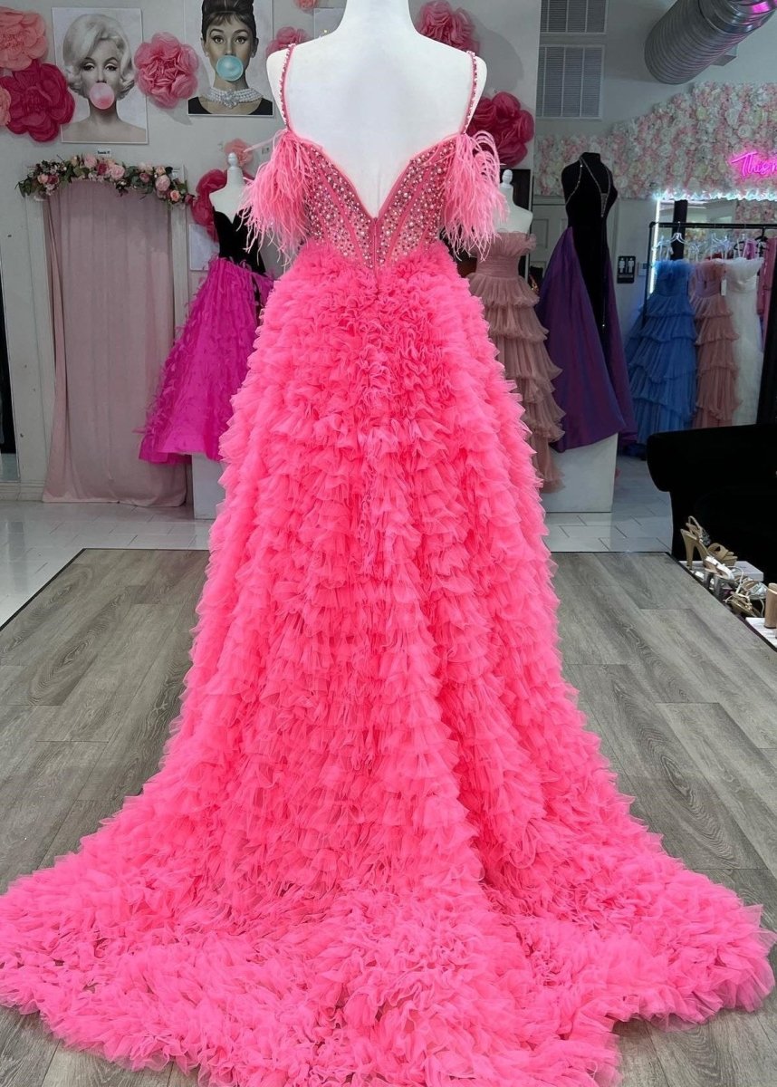 A Line Off the Shoulder Tiered Tulle Prom Dress With Slit