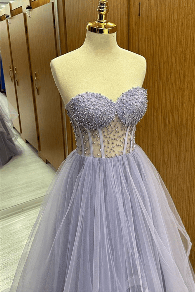 Brandy | Lilac Strapless Beaded Ruffle-Layers Tulle Long Prom Dress