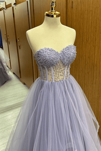 Brandy | Lilac Strapless Beaded Ruffle-Layers Tulle Long Prom Dress