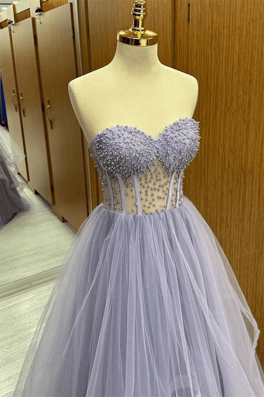 Brandy | Lilac Strapless Beaded Ruffle-Layers Tulle Long Prom Dress