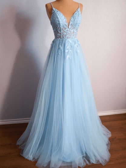 Cynthia | Light Blue V Neck Lace-Up Appliques Tulle Long Prom Dress
